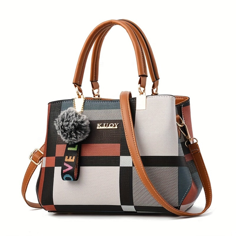 Crossbody Bag for Women – for Work & Everyday Use, Plaid Colorblock Satchel Plush Ball – detail view 3