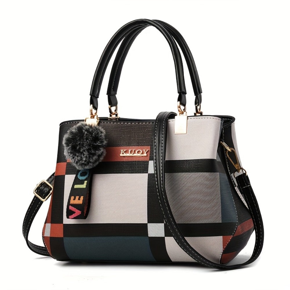 Crossbody Bag for Women – for Work & Everyday Use, Plaid Colorblock Satchel Plush Ball – detail view 5