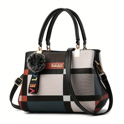 Crossbody Bag for Women – for Work & Everyday Use, Plaid Colorblock Satchel Plush Ball – detail view 5