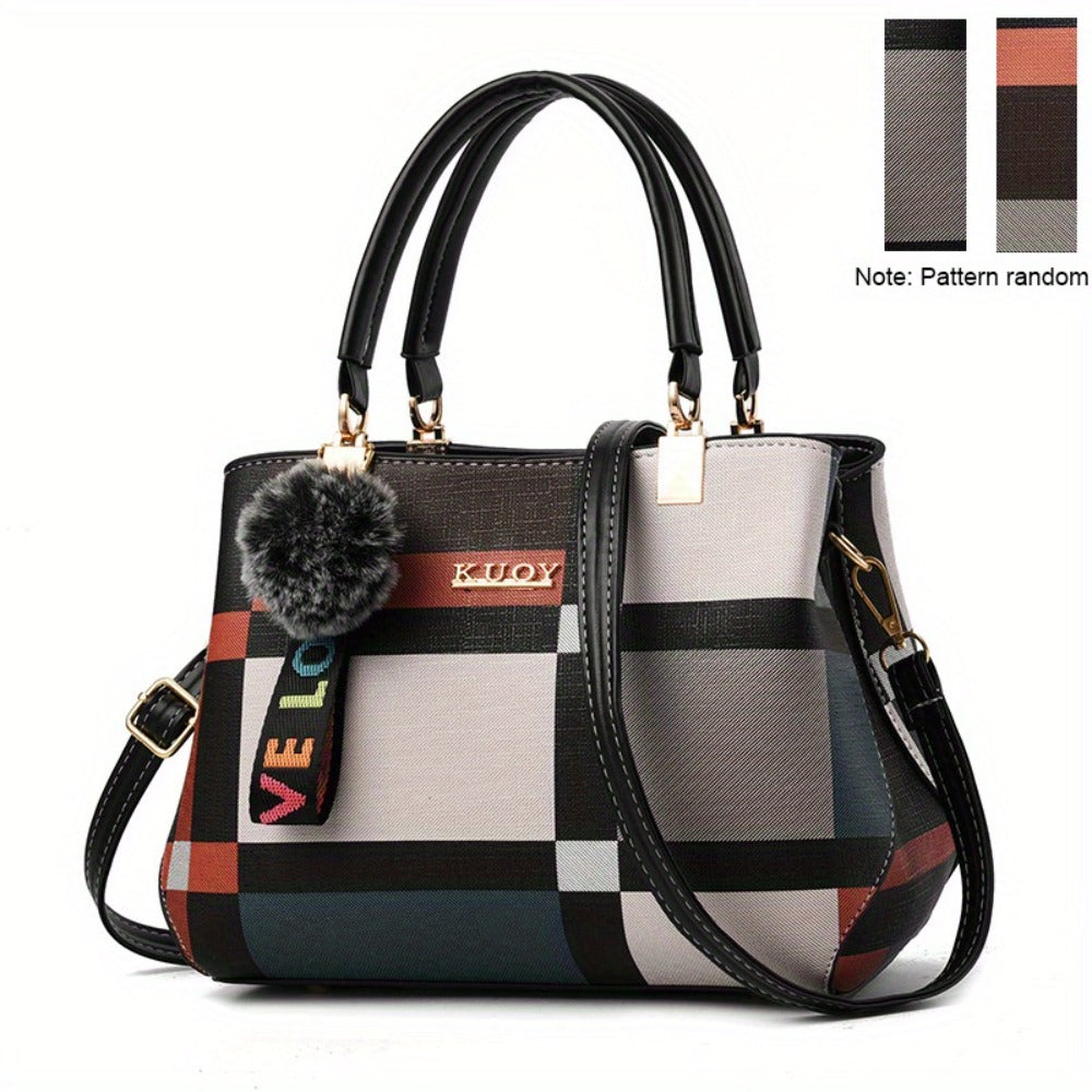 Crossbody Bag for Women – for Work & Everyday Use, Plaid Colorblock Satchel Plush Ball – detail view 6