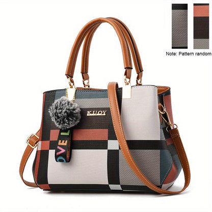Crossbody Bag for Women – for Work & Everyday Use, Plaid Colorblock Satchel Plush Ball – detail view 9