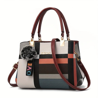 Crossbody Bag for Women – for Work & Everyday Use, Plaid Colorblock Satchel Plush Ball – front view