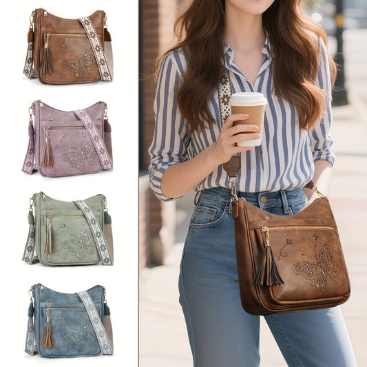 Crossbody Bag for Women – Large Vintage Butterfly Faux Leather – front view