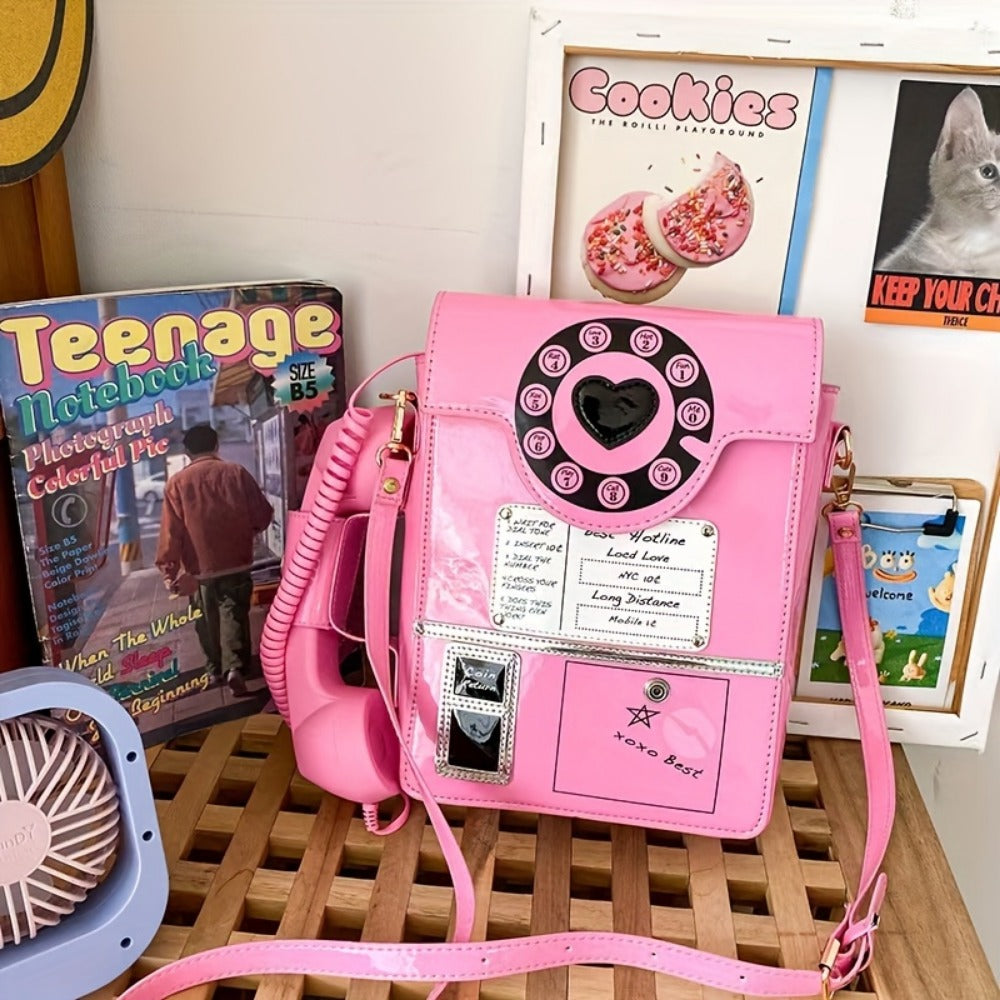 Crossbody Bag for Women – Lightweight, Retro Telephone Novelty Pu Glossy – detail view 6