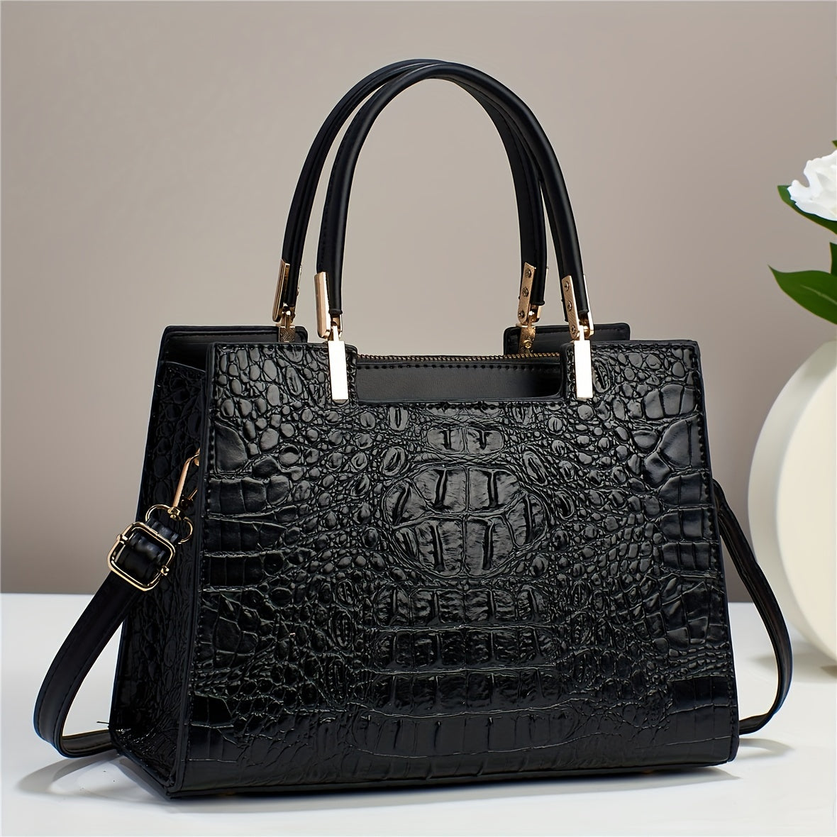 Crossbody Bag for Women – Multi-Pocket, Crocodile Pattern Satchel Color Contrast – front view - product view 7