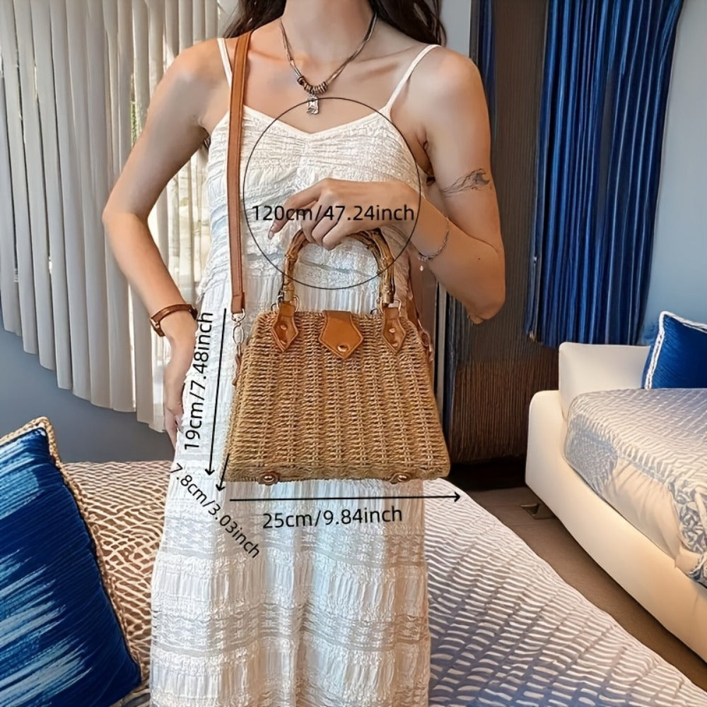 Crossbody Bag for Women – Straw, Woven Straw Bamboo Handle Brown – detail view 3