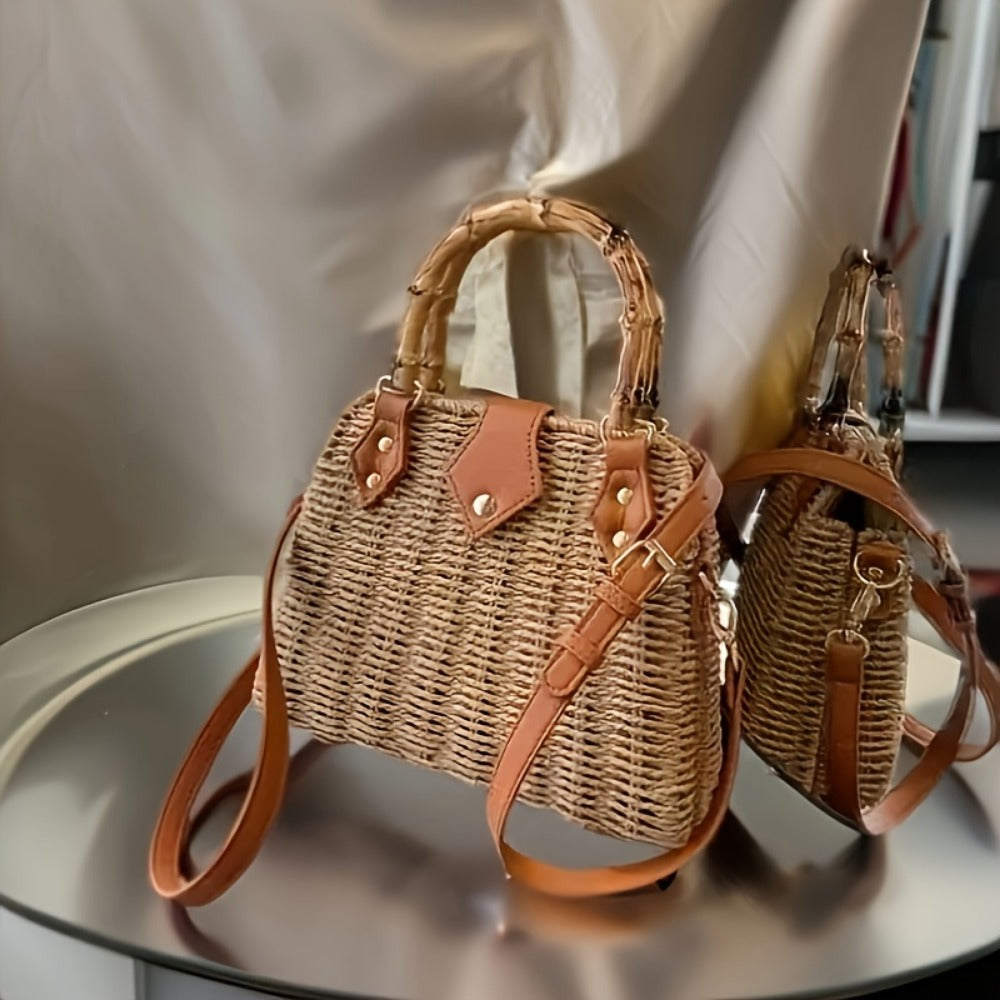 Crossbody Bag for Women – Straw, Woven Straw Bamboo Handle Brown – detail view 5