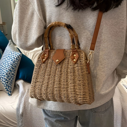 Crossbody Bag for Women – Straw, Woven Straw Bamboo Handle Brown – detail view 6