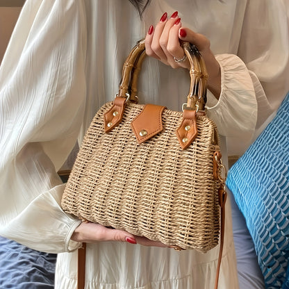 Crossbody Bag for Women – Straw, Woven Straw Bamboo Handle Brown – front view - product view 7