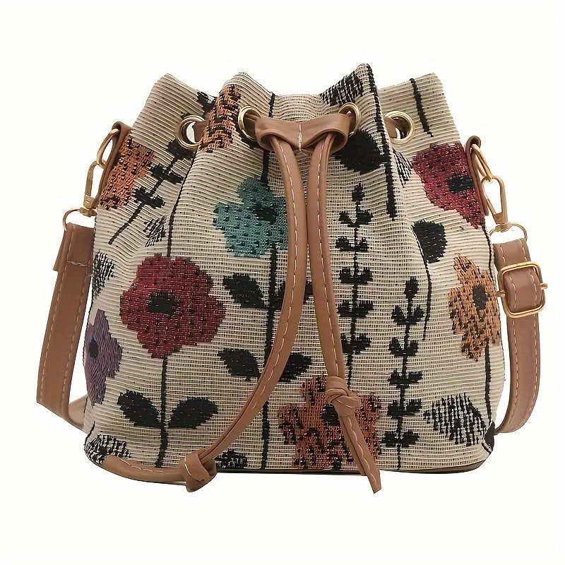 Crossbody Bag for Women – for Travel & Work, Floral Bucket Ethnic Drawstring Boho – front view - product view 11