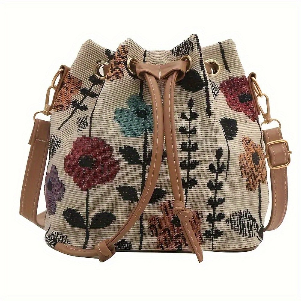 Crossbody Bag for Women – for Travel & Work, Floral Bucket Ethnic Drawstring Boho – detail view 3