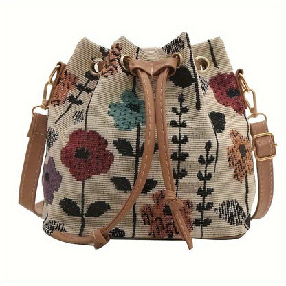 Crossbody Bag for Women – for Travel & Work, Floral Bucket Ethnic Drawstring Boho – detail view 3