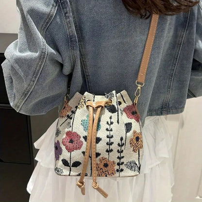 Crossbody Bag for Women – for Travel & Work, Floral Bucket Ethnic Drawstring Boho – detail view 6