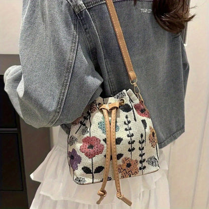 Crossbody Bag for Women – for Travel & Work, Floral Bucket Ethnic Drawstring Boho – detail view 8