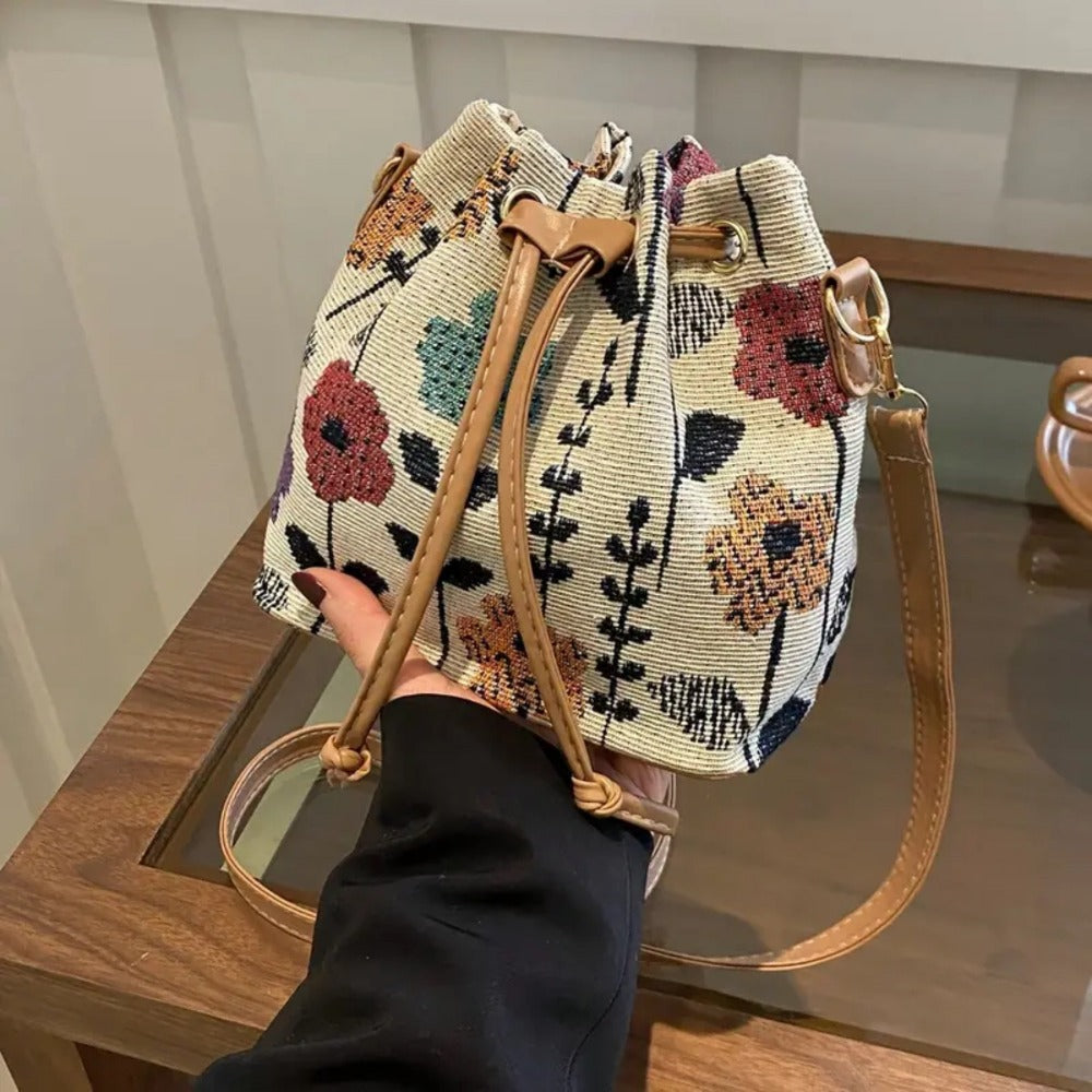Crossbody Bag for Women – for Travel & Work, Floral Bucket Ethnic Drawstring Boho – front view