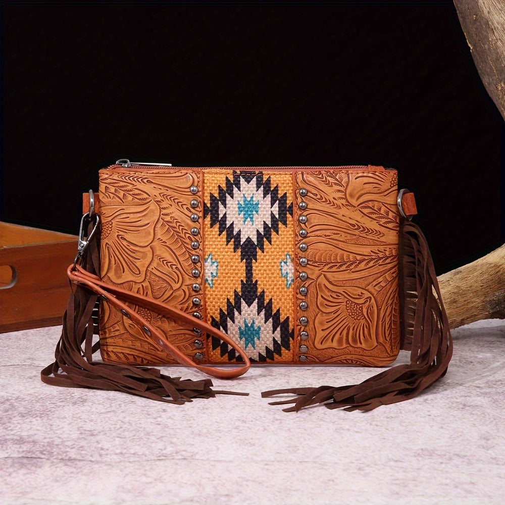 Crossbody Bag for Women – for Travel, Woven Tassel Vintage Floral Fringe – front view