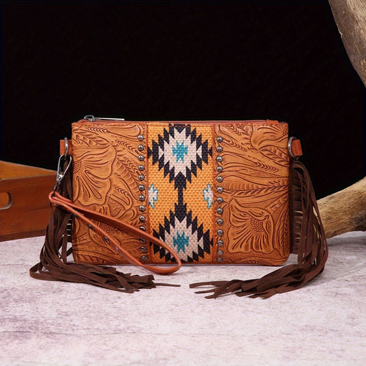 Crossbody Bag for Women – for Travel, Woven Tassel Vintage Floral Fringe – front view