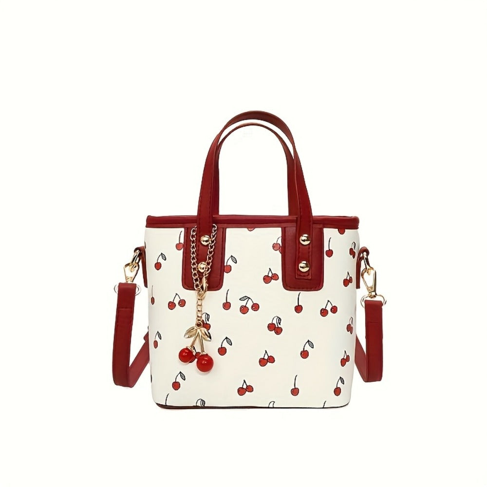 Crossbody Bag for Women – for Work, Cherry Print Bucket Golden Chain – detail view 2