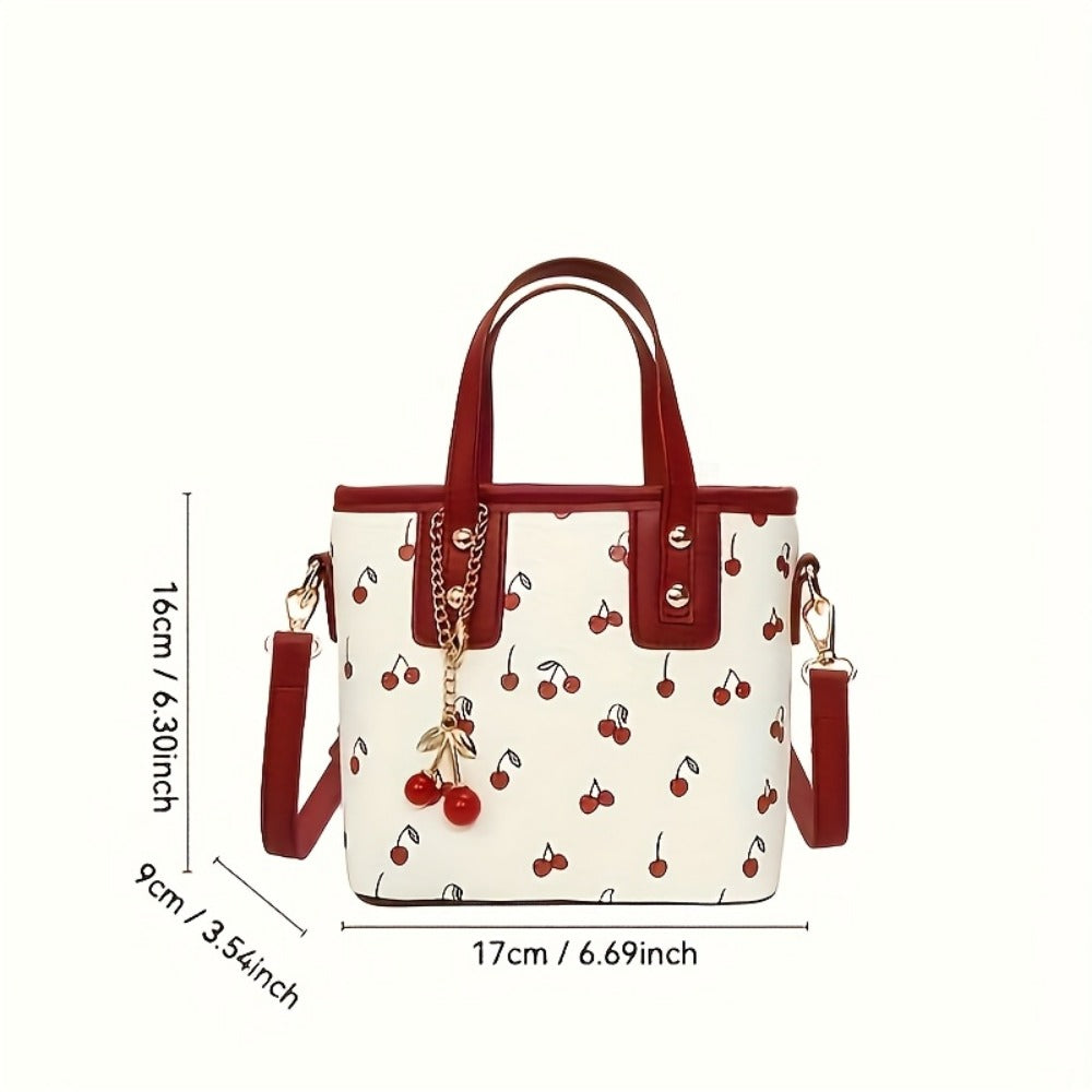 Crossbody Bag for Women – for Work, Cherry Print Bucket Golden Chain – detail view 3