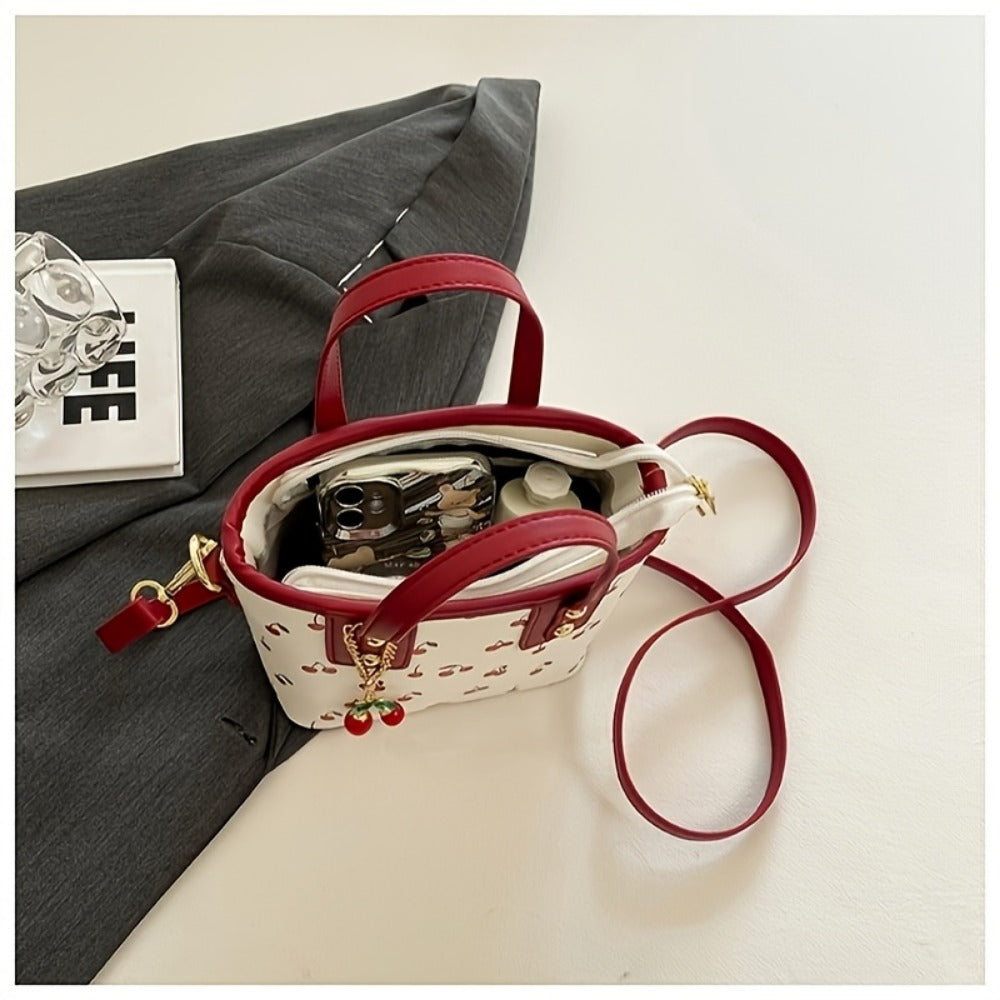 Crossbody Bag for Women – for Work, Cherry Print Bucket Golden Chain – detail view 5
