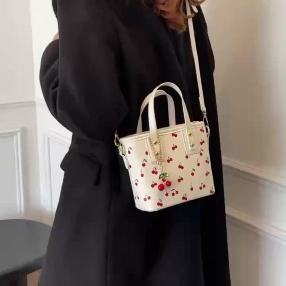 Crossbody Bag for Women – for Work, Cherry Print Bucket Golden Chain – detail view 6
