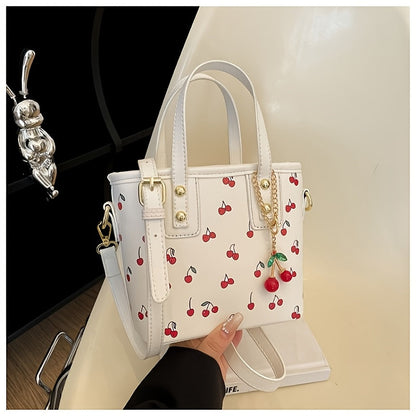 Crossbody Bag for Women – for Work, Cherry Print Bucket Golden Chain – front view - product view 7