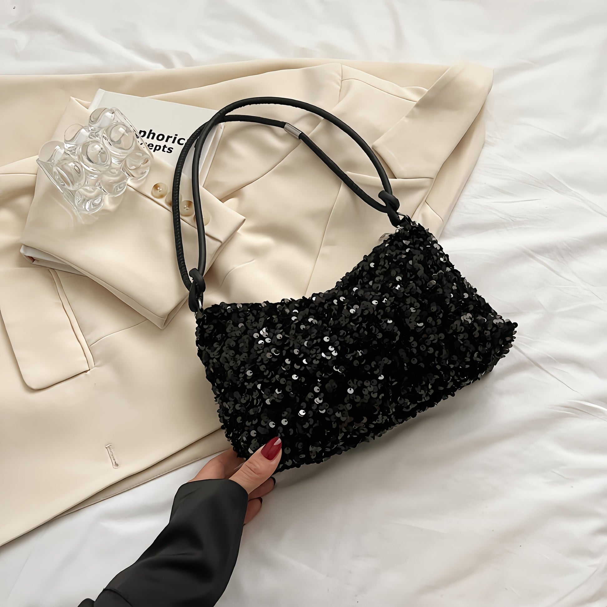 Shoulder Bag for Women – Adjustable Strap, Sequin Sparkly Evening Adjustable Strap – front view - product view 13
