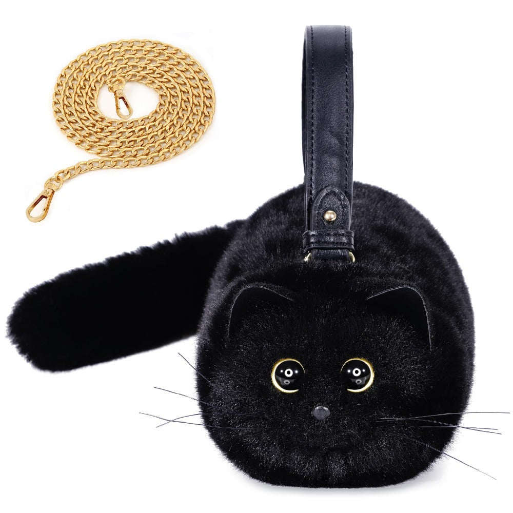 Shoulder Bag for Women – Cat Shaped Realistic Furry Faux – front view