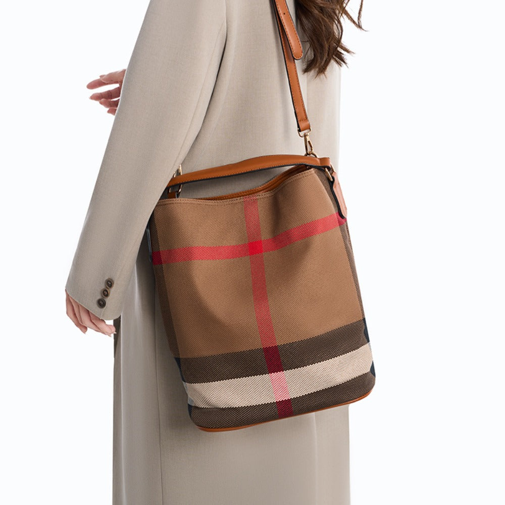 Shoulder Bag for Women – for Work & Everyday Use, Plaid Bucket Retro Vintage Buckle – front view