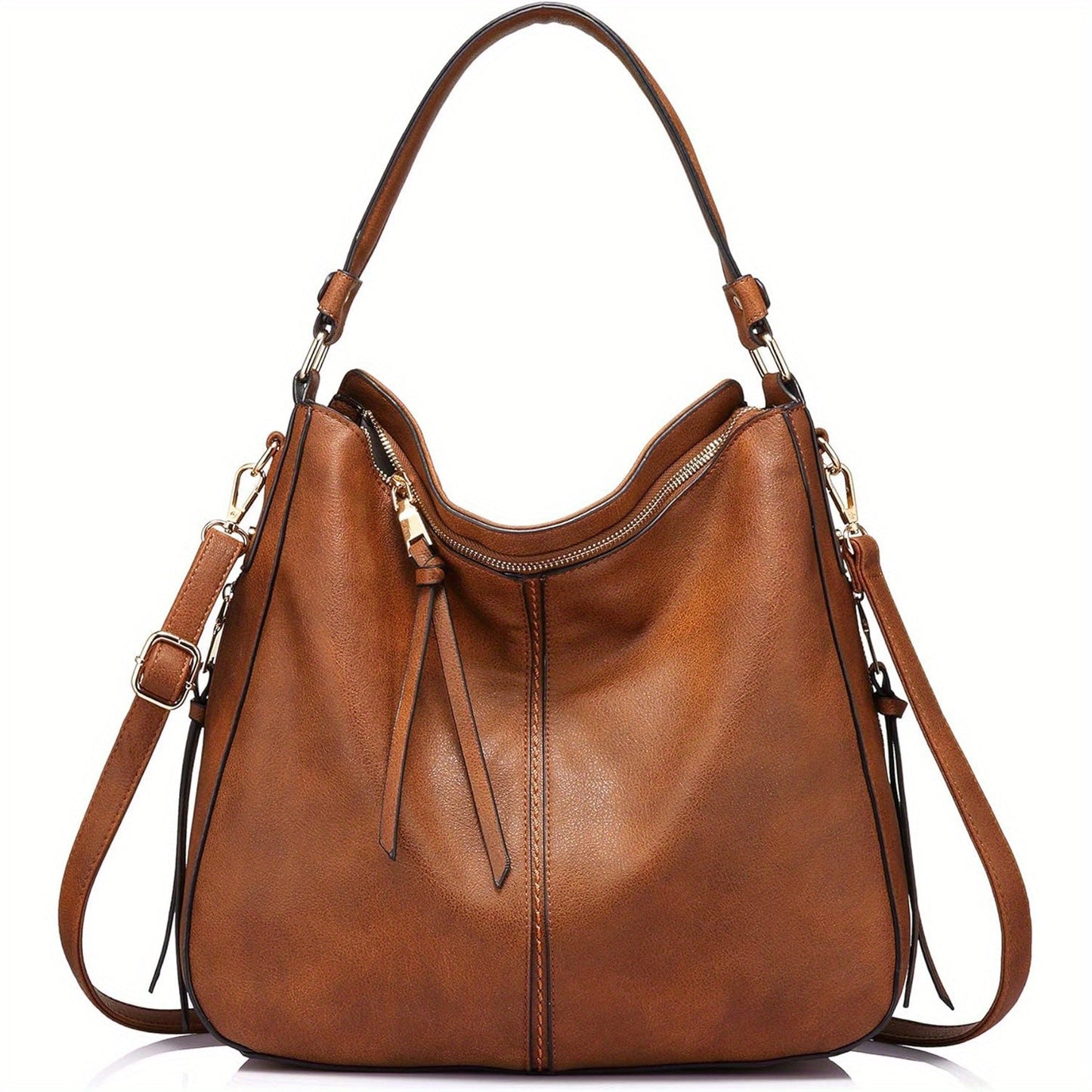 Shoulder Bag for Women – Multi-Pocket, Hobo Large Leather Tassel Golden – detail view 12