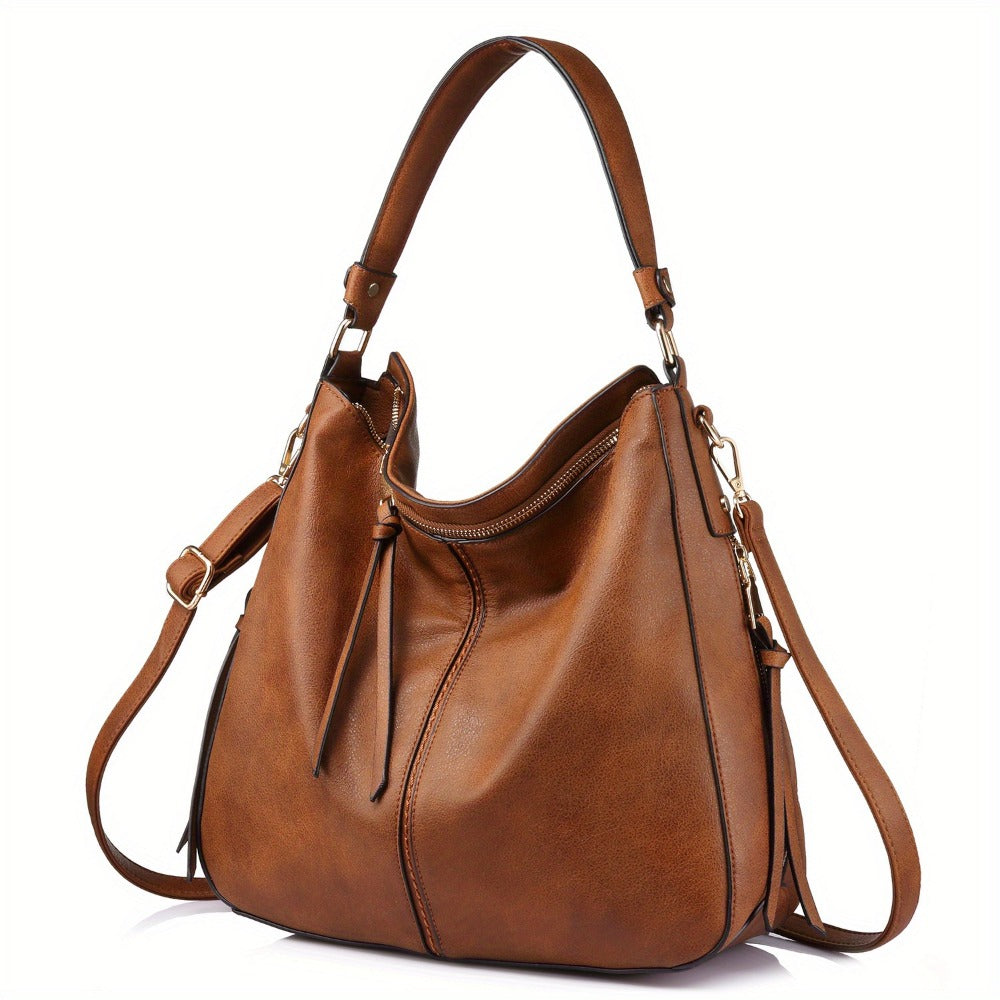 Shoulder Bag for Women – Multi-Pocket, Hobo Large Leather Tassel Golden – detail view 10