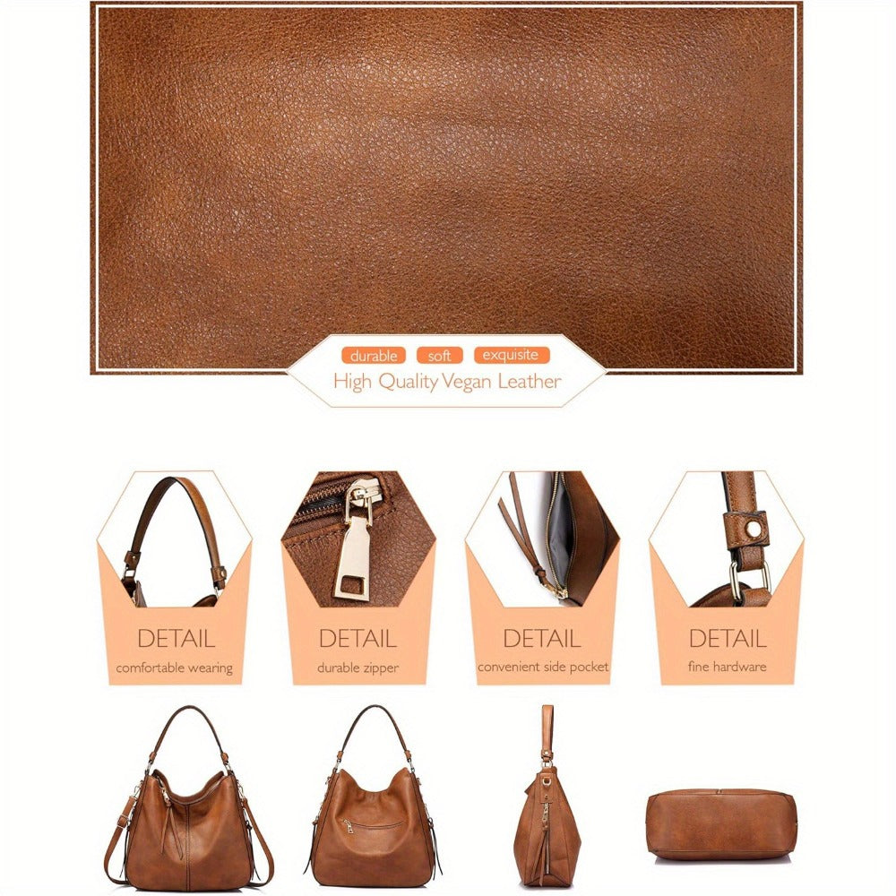 Shoulder Bag for Women – Multi-Pocket, Hobo Large Leather Tassel Golden – detail view 4