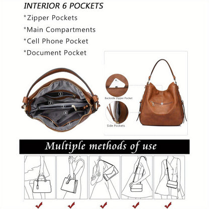 Shoulder Bag for Women – Multi-Pocket, Hobo Large Leather Tassel Golden – detail view 5
