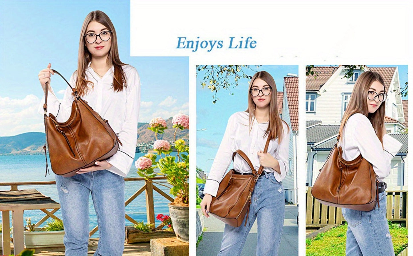 Shoulder Bag for Women – Multi-Pocket, Hobo Large Leather Tassel Golden – detail view 8
