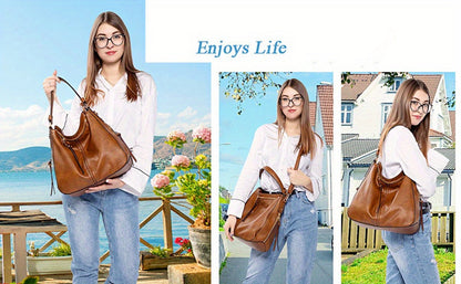 Shoulder Bag for Women – Multi-Pocket, Hobo Large Leather Tassel Golden – detail view 8