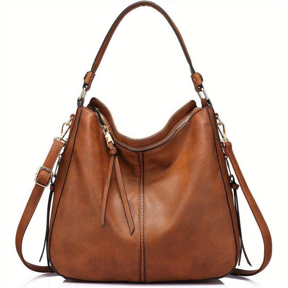 Shoulder Bag for Women – Multi-Pocket, Hobo Large Leather Tassel Golden – front view