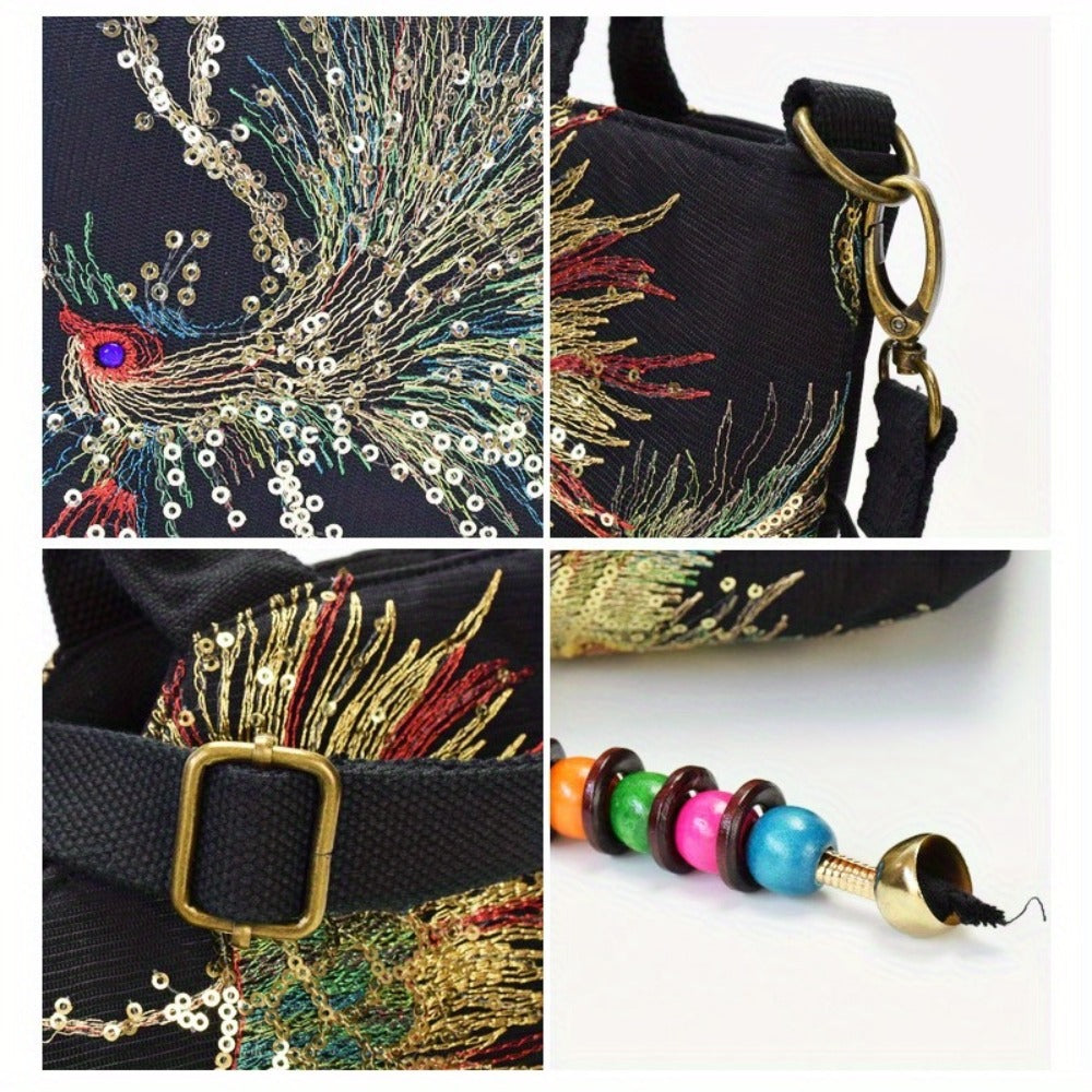 Shoulder Bag for Women – Multi-Pocket, Peacock Embroidery Sequin Ethnic Boho – detail view 10
