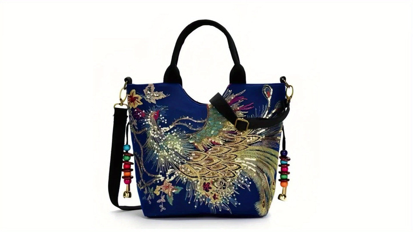 Shoulder Bag for Women – Multi-Pocket, Peacock Embroidery Sequin Ethnic Boho – detail view 11
