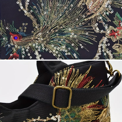 Shoulder Bag for Women – Multi-Pocket, Peacock Embroidery Sequin Ethnic Boho – detail view 13