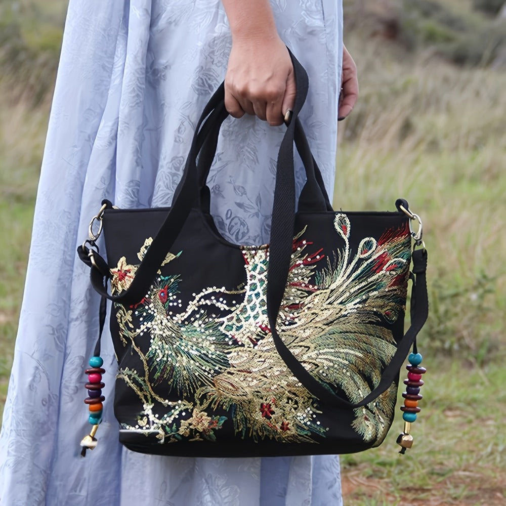 Shoulder Bag for Women – Multi-Pocket, Peacock Embroidery Sequin Ethnic Boho – alternate view