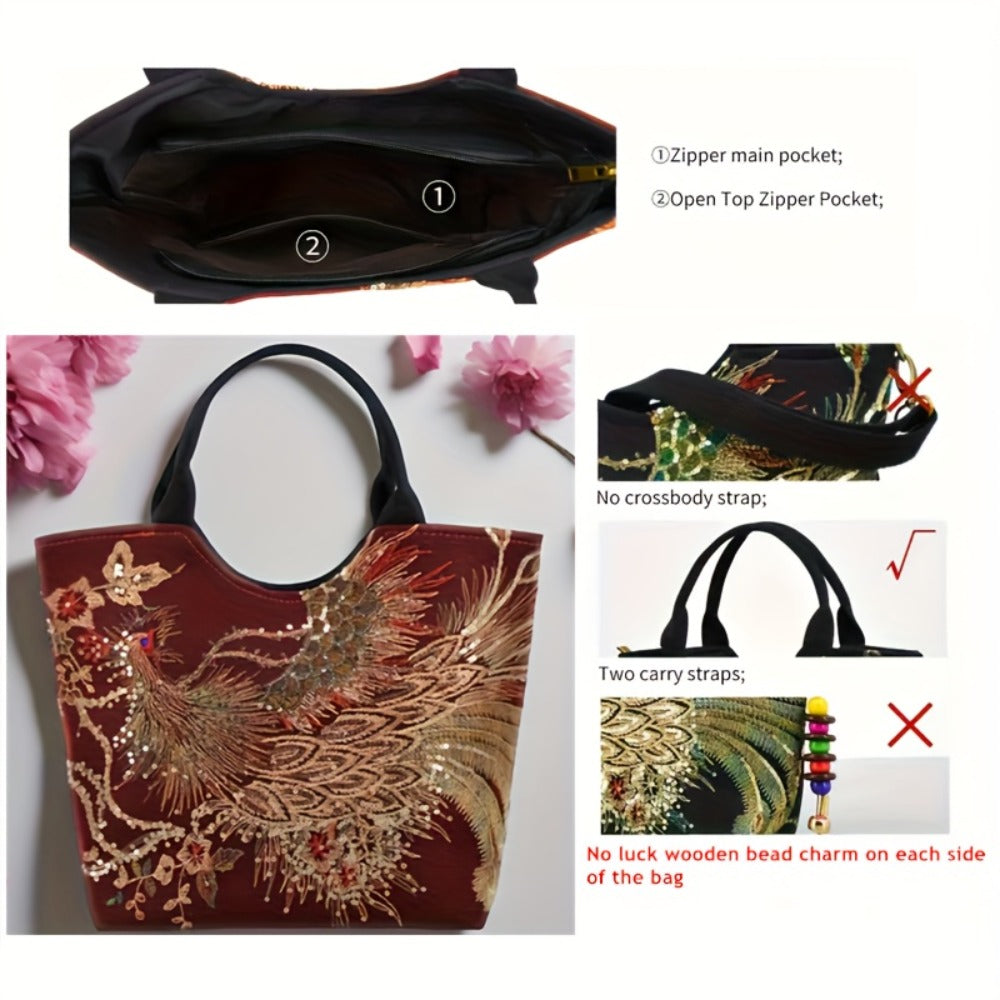 Shoulder Bag for Women – Multi-Pocket, Peacock Embroidery Sequin Ethnic Boho – detail view 2