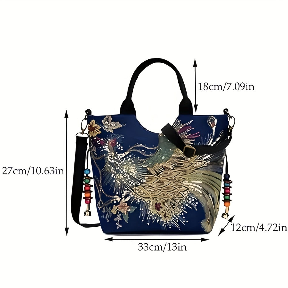 Shoulder Bag for Women – Multi-Pocket, Peacock Embroidery Sequin Ethnic Boho – detail view 3