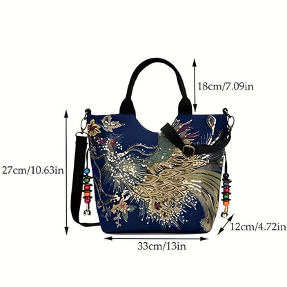 Shoulder Bag for Women – Multi-Pocket, Peacock Embroidery Sequin Ethnic Boho – detail view 3
