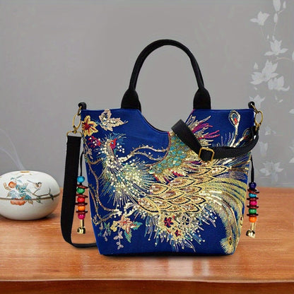 Shoulder Bag for Women – Multi-Pocket, Peacock Embroidery Sequin Ethnic Boho – detail view 5