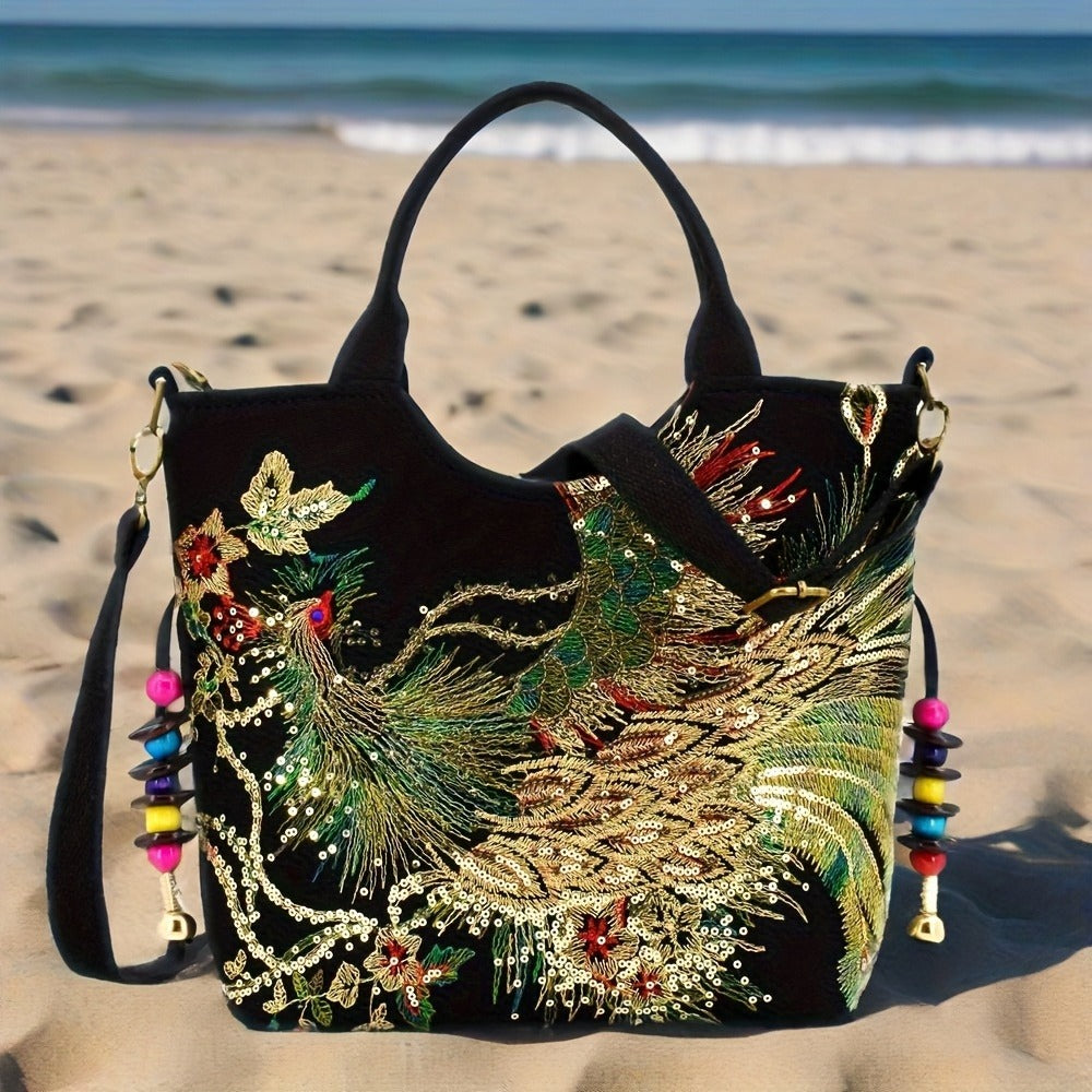 Shoulder Bag for Women – Multi-Pocket, Peacock Embroidery Sequin Ethnic Boho – detail view 6