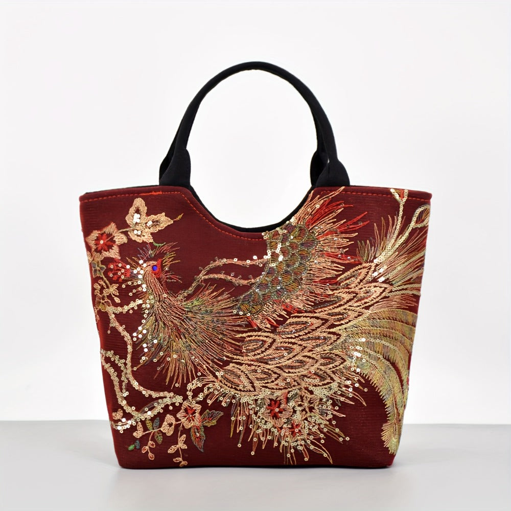 Shoulder Bag for Women – Multi-Pocket, Peacock Embroidery Sequin Ethnic Boho – detail view 7