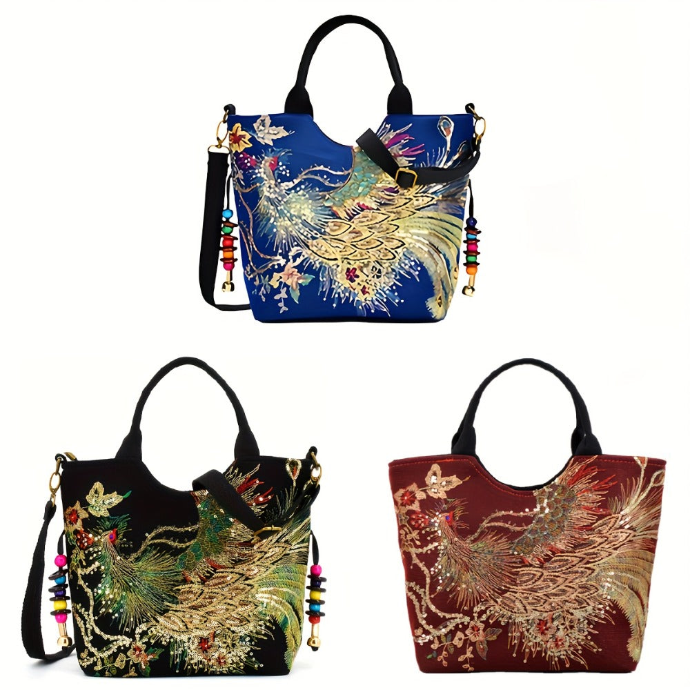Shoulder Bag for Women – Multi-Pocket, Peacock Embroidery Sequin Ethnic Boho – detail view 8