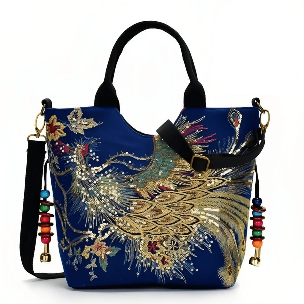 Shoulder Bag for Women – Multi-Pocket, Peacock Embroidery Sequin Ethnic Boho – front view