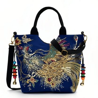 Shoulder Bag for Women – Multi-Pocket, Peacock Embroidery Sequin Ethnic Boho – front view
