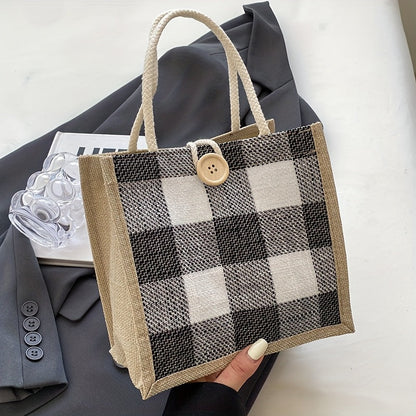 Tote Bag for Women – for Everyday Use, Plaid Jute Vintage Woven Gift – front view - product view 10